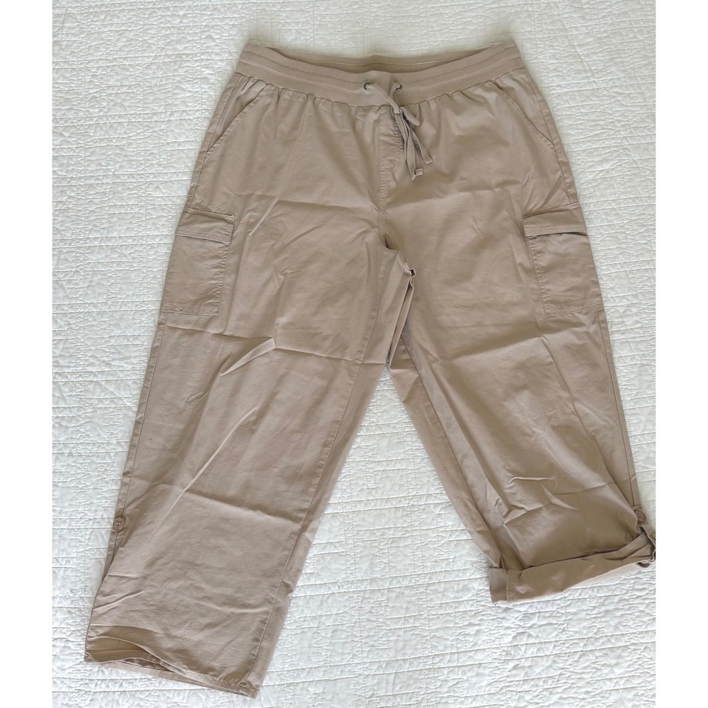 Emily Daniels Women Tan Khaki Cargo Capri Pants Elastic Waist Size L RN 106806
